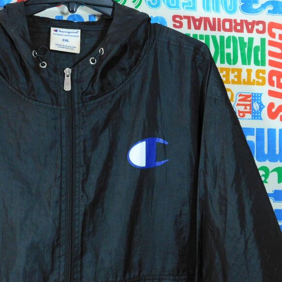 Champion Pullover Jacket Size 2XL Half Zip Repaired Black Blue - Picture 3 of 6
